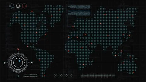 Futuristic background with HUD user interface elements and dotted world map イラスト素材