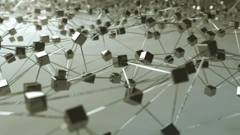 Futuristic background of low poly surface, connected cubes and lines. Stock-Illustration