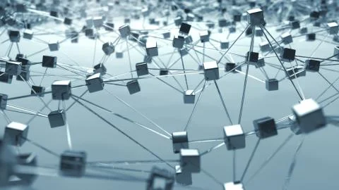 Futuristic background of low poly surface, connected cubes and lines. Illustrazione stock