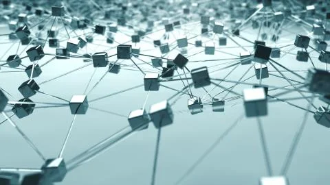 Futuristic background of low poly surface, connected cubes and lines. Illustrazione stock