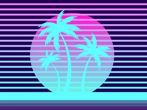 Futuristic background with palm trees and retro sun in 80s style. Palm tree.. Stock Illustration