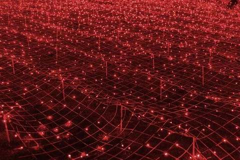Futuristic background of red led lights arranged in grid pattern, network, .. Illustrazione stock