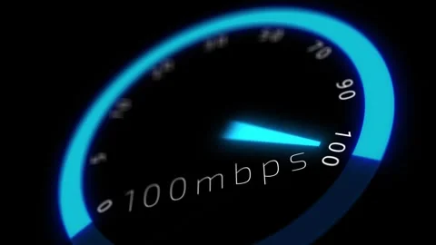 Futuristic bandwidth speedometer cyan arc, glowing needle, dark interface, perfo Stock Footage 340528150