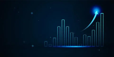 A futuristic bar chart with vertical blue dotted bars rising against a dark.. Stock Illustration