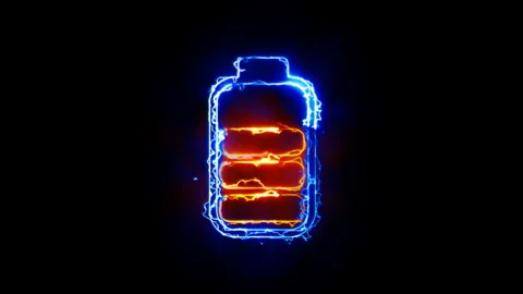 Futuristic battery icon, power storage of high voltage 動画素材 236163336