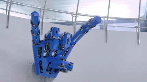 Futuristic big blue mechanical robotic hand showing devil horn gesture Video stock 132875837