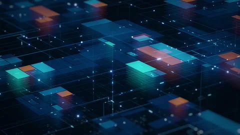 Futuristic Big Data Visualization With Layered Digital Blocks, Network Grid And Stock Footage 344235395