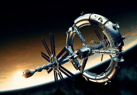 Futuristic Big Space Station Orbiting Yellow Planet Stock Illustration