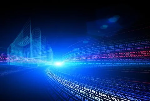 Futuristic Binary Code Flow with Digital City Stock Illustration