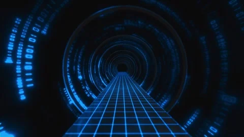 Futuristic binary corridor visual blue grid path, circular code walls, and dark Stock Footage 340528117