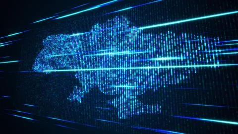 Futuristic Binary Digital Mosaic Grid Map Of Ukraine Perspective Light Streaks Stock Illustration