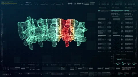 Futuristic Biomedical Vertebral Column Diagnostic HUD Stock Footage 247476734