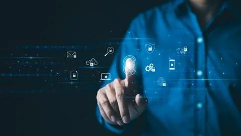 Futuristic biometric authentication technology concept. Man is touching Stock Photos