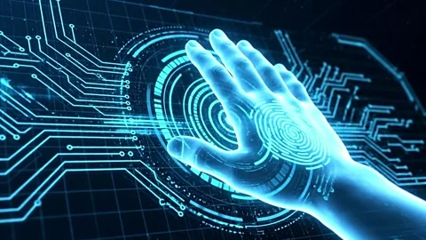 Futuristic Biometric Hand Scan with Neon Blue Circuits and Holographic UI Stock Footage 333632388