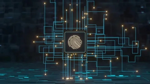 Futuristic biometric identification fingerprint scanner on computer motherb.. Stock Footage 332387894