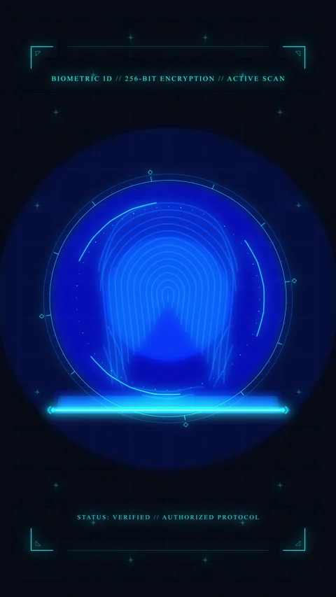Futuristic biometric security scanner fingerprint animation loop Stock Footage 347053670