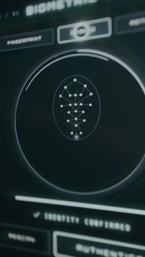 Futuristic biometric UI for identity verification with a Face ID scanning module Stock Footage 333825322