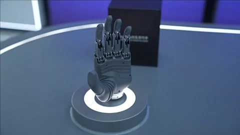 Futuristic bionic prosthetic hand rotating on illuminated stand, ai technology 스톡 동영상 328988418