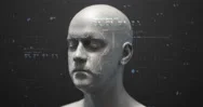 Futuristic Bionic Robot Face Moving His Head With Hud Data. Stock Footage