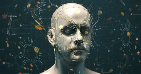 Futuristic Bionic Robot Face Rotating Slowly - 3D 4K Animation Stock Footage 112403383