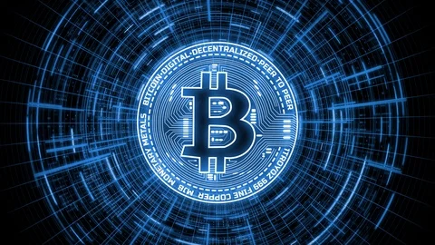 Futuristic Bitcoin (BTC) led logo on rotating digital binary hud background. Stockbeeldmateriaal 103847454