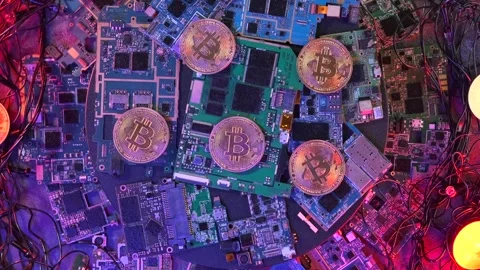Futuristic Bitcoin coins symbol on microprocessor on electronic circuit boards Stock Footage 270452674