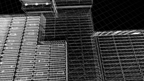 Futuristic Black and White Architectural Wireframe Design in Digital Grid Spa Video stock 334586833