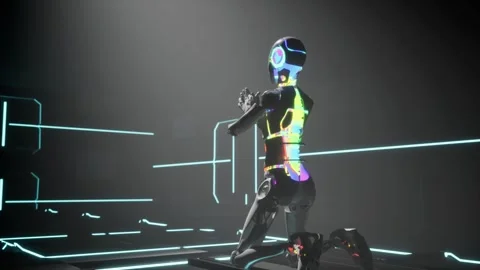 Futuristic black cyborg praying, kneeling with hands pressed together 스톡 동영상 336249629