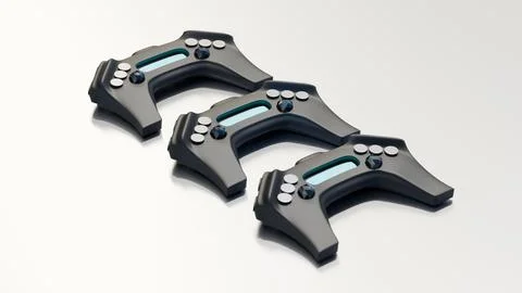 Futuristic black game controllers with glowing blue stripes Stock Illustration