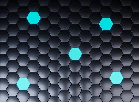 Futuristic black hexagonal grid with glowing blue cells Illustrazione stock