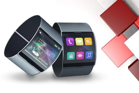 Futuristic black wrist watch with interface against abstract tile design Stock Illustration