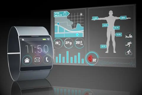 Futuristic black wristwatch with interface Stock Illustration