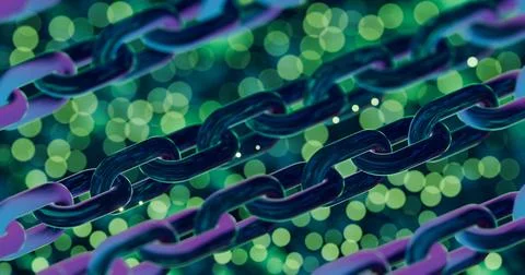 Futuristic Blockchain Concept with Glowing Blue Bokeh and Chain Links イラスト素材