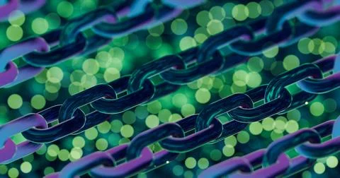 Futuristic Blockchain Concept with Glowing Blue Bokeh and Chain Links Illustrazione stock