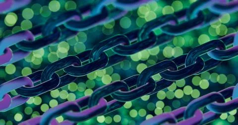 Futuristic Blockchain Concept with Glowing Blue Bokeh and Chain Links Ilustración de archivo