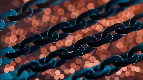 Futuristic Blockchain Concept with Glowing Blue Bokeh and Chain Links Illustrazione stock