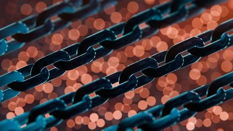 Futuristic Blockchain Concept with Glowing Blue Bokeh and Chain Links Illustrazione stock