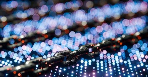 Futuristic Blockchain Concept with Glowing Blue Bokeh and Chain Links 스톡 일러스트