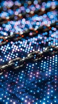 Futuristic Blockchain Concept with Glowing Blue Bokeh and Chain Links Ilustración de archivo