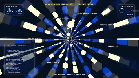 Futuristic Blockchain Network Tunnel with Digital HUD Interface and Cyber Stock Footage 341454678