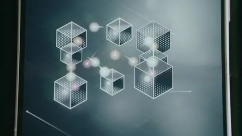 Futuristic blockchain visualization featuring interconnected 3D cubes and moving Vídeo Stock 333846915