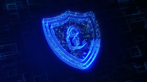 Futuristic Blue 3d Perspective Shield Lock Symbol Lines Digital Cyber Security Stock Footage 234966706