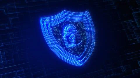 Futuristic Blue 3d Perspective Shield Lock Symbol Lines Digital Cyber Security Stock Illustration