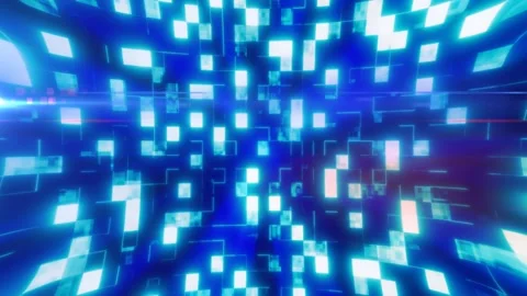 Futuristic blue and cyan pixel tunnel with glowing digital blocks, grid lin.. Stock Footage 334672407