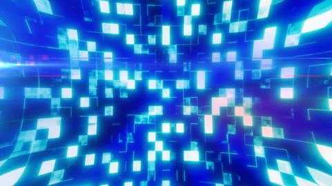 Futuristic blue and cyan pixel tunnel with glowing digital blocks, grid lin.. Stock Illustration