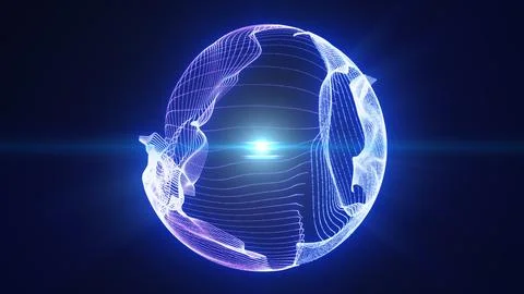 Futuristic blue and violet wireframe sphere with glowing contours and centr.. Stock Illustration