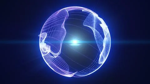 Futuristic blue and violet wireframe sphere with glowing contours and centr.. Stock Photos