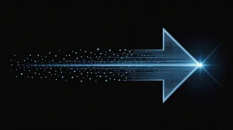 Futuristic Blue Arrow Light Movement, Glowing Particles and Sparkles 库存插图