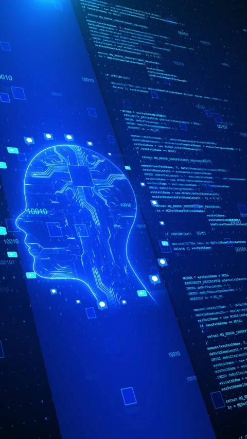 Futuristic Blue artificial intelligence interface circuit head silhouette, code Stock Footage 334061545