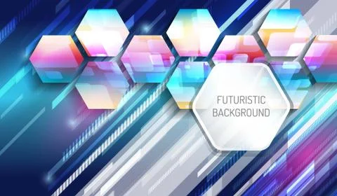 Futuristic blue background with hexagons and glowing technology lines. Stock Illustration